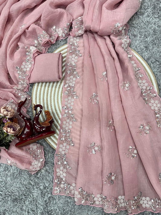 Party Wear Heavy Work Pink Color Stylish Saree
