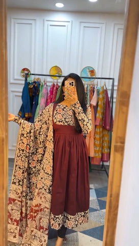 Ravishing Peach Rayon Cotton Kalamkari Print Gown