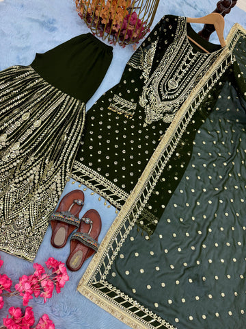 Designer Maroon Georgette Sequence Work Sharara Suit
