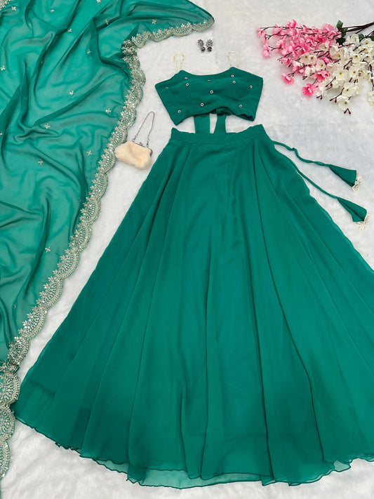 Green Color Pearl Embellished Lehenga Set