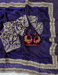 Innovative Purple Color Embroidery Work Silk Saree