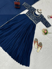Attractive Chinon Silk Real Mirror Work Navy Blue Color Gown