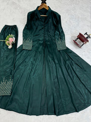 Awesome Chinon Silk Green Color Top With Pent