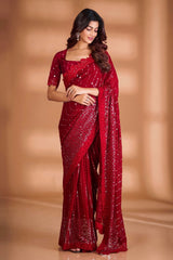 Party Wear Embroidery Work Red Color Saree