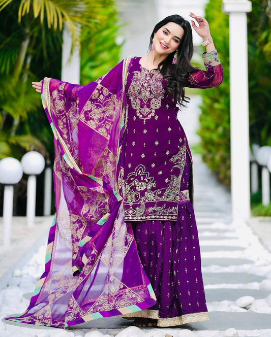 Marvelous Embroidery Work Purple Color Sharara Suit