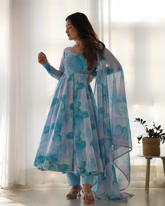 Sky Blue Color Organza Silk Anarkali Suit