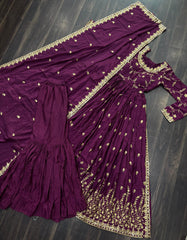 Wedding & Party Wear Embroidered Work Wine Color Sharara Suit