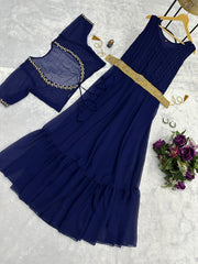 Wonderful Embroidery Work Navy Blue Color Gown With Koti