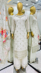Preferable Chinnon Silk Sequence Work White Color Palazzo Suit