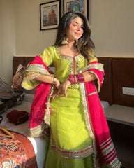 Captivating Embroidery Thread Work Green Color Palazzo Suit