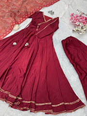 Red Color Three Piece Anarkali Suit