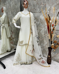 Stunning Chinon Embroidery Work White Color Sharara Suit