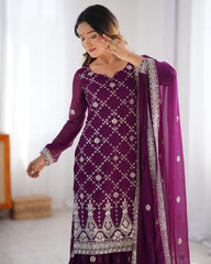 Fantastic Georgette Thread Work Wine Color Sharara Suit