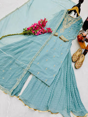 Sky Blue Color Embroidery Work Sharara Suit