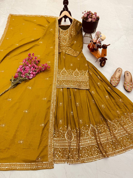 Glorious Mustard Chinon Silk Embroidery Sequence Work Top With Lehenga