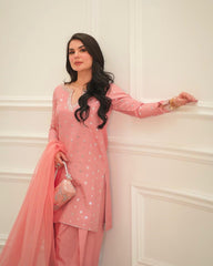 Lovely Peach Color Chinon Silk Salwar Suit