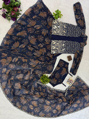 Printed Navy Blue Color Ready To Wear Saree With Koti