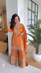 Demanding Sequence Work Orange Color Sharara Suit
