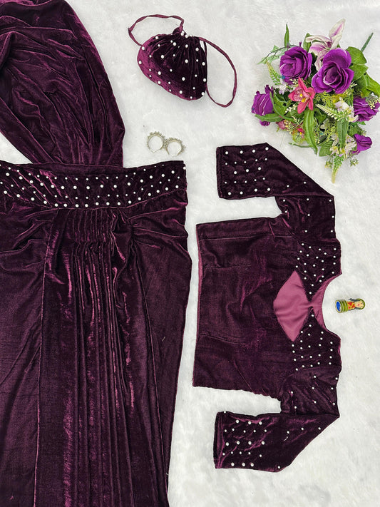 Superhit Wine Color Moti Work Lehenga Saree