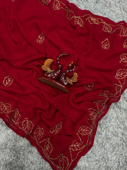 Beautiful Leaf Design Red Color Georgette Saree