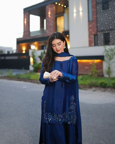 Patiala Style Navy Blue Color Beads Work Salwar Suit