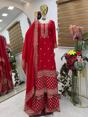 Ravishing Red Chinon Silk Embroidery Sharara Suit
