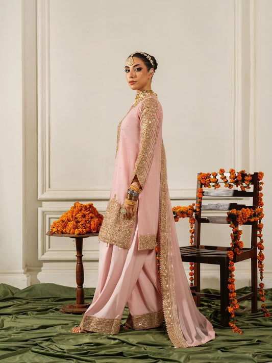 Innovative Pink Chinon Silk Sequence Work Palazzo Suit
