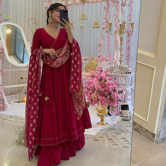 Red Color Three Piece Anarkali Suit