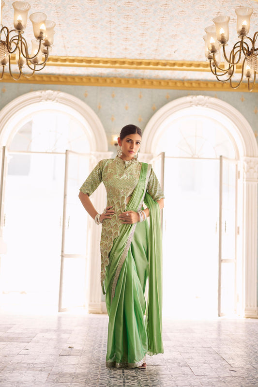 Glossy Embroidery Work Pista Color Ready To Wear Saree