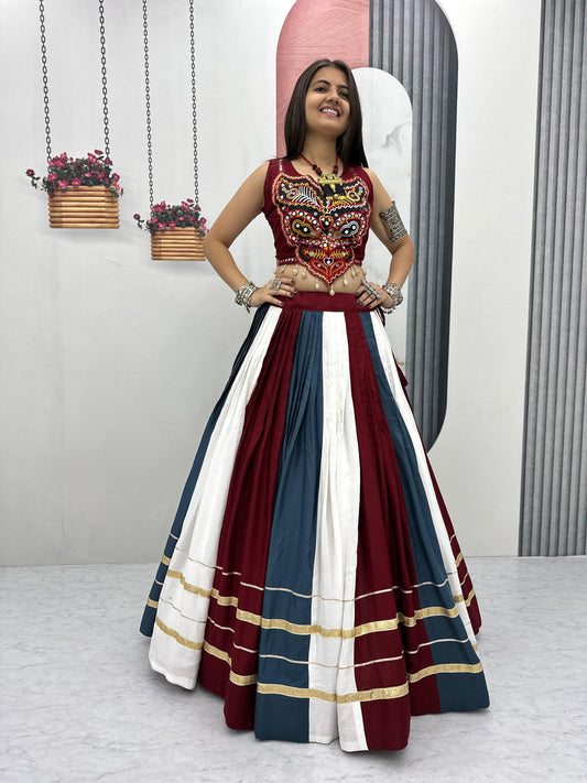 Gorgeous Multicolor Rayon Cotton Gamthi Work Lehenga Choli
