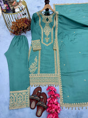 Imposing Chinon Silk Teal Blue Color Top With Plazzo