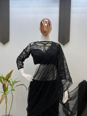 Black Color Embroidery Work Stylish Lehenga Saree