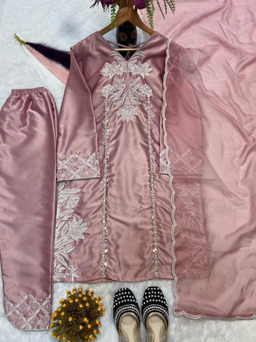 Trendy Pink Color Sequence Work Palazzo Suit