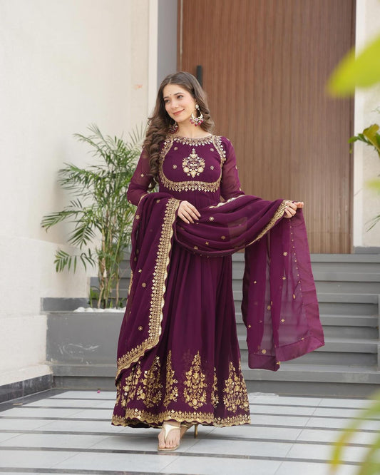 Glimmering  Embroidery Work Long Wine Color Gown