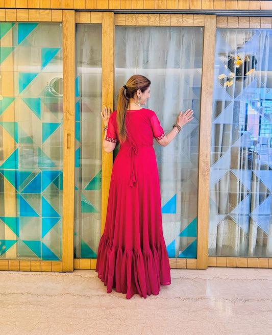 Wonderful Embroidery Work Red Color Gown With Koti