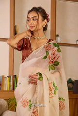 Beautiful Floral Print With Work White Color Saree