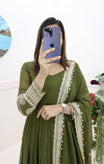 Demanding Georgette Embroidery Work Mehndi Color Gown