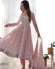 Flower Print Exclusive Fully Flair Pink Color Anarkali Suit