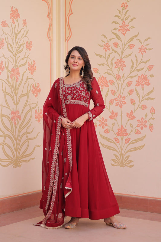 Exclusive Red Bead With Embroidery Work Gown