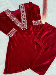 Function Wear Velvet Red Color Top With Pent
