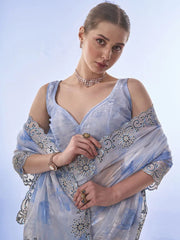 Party Wear Sky Blue Printed Silk Saree