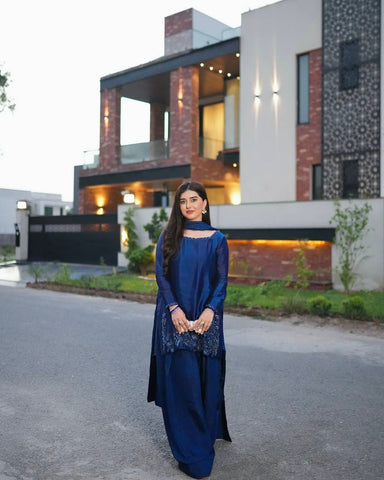 Patiala Style Navy Blue Color Beads Work Salwar Suit