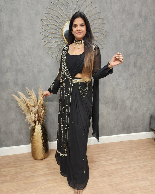 Fantastic Embroidery Work Black Color Lehenga Saree With Shurg