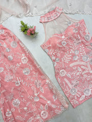 Shining Embroidery Work Peach Color Palazzo Suit