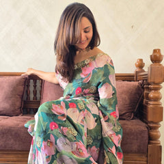 Floral Print Teal Green Color Silk Saree