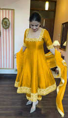 Elegant  Vichitra Silk Yellow Color Anarkali Suit