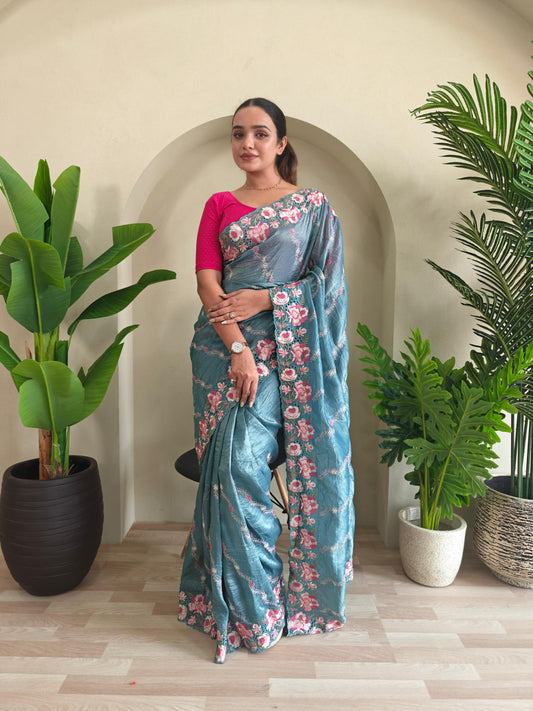 Beautiful Crush Silk Teal Blue Color Saree
