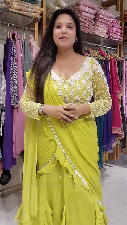 Lemon Color Georgette Ready To Wear Lehenga Saree