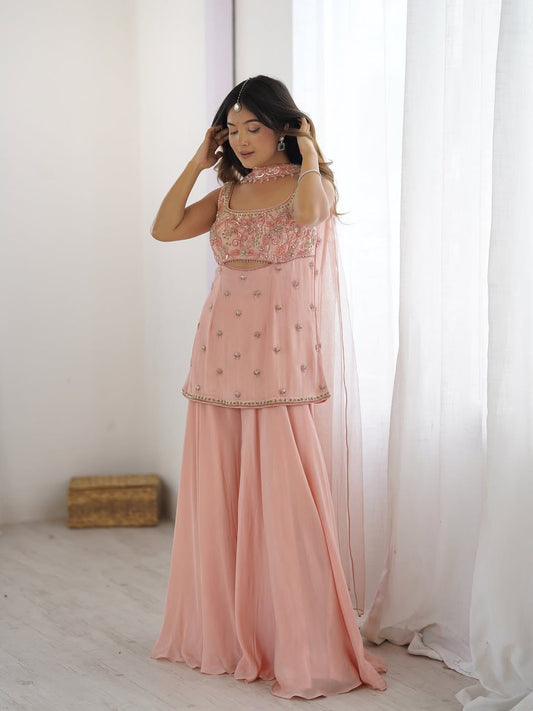 Good Looking Embroidery Work Peach Color Sharara Suit
