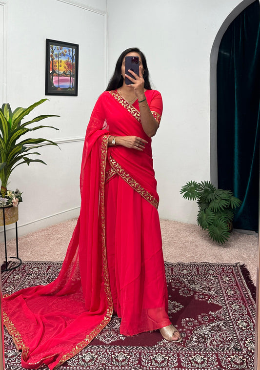 Captivating Embroidery Work Red Color Saree Gown